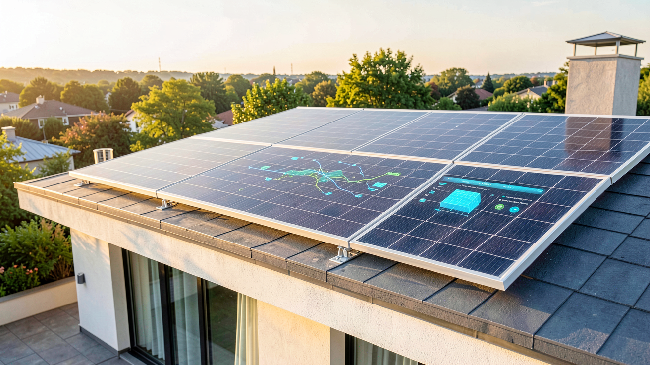 panneau solaire avec batterie virtuelle affichant une interface numérique sur écran tactile