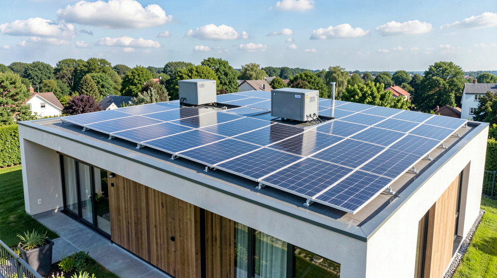 panneau solaire avec batterie virtuelle installé sur le toit d'une maison moderne, capturé en haute résolution.