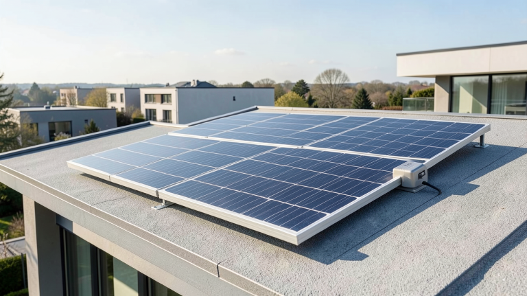 panneau solaire avec micro onduleur intégré installé sur un toit résidentiel moderne, capturé en haute résolution.