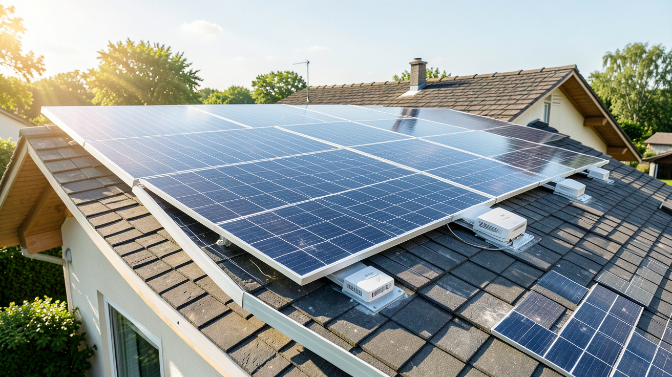 panneau solaire avec micro onduleur intégré installé sur le toit d'une maison ensoleillée pour l'autoconsommation