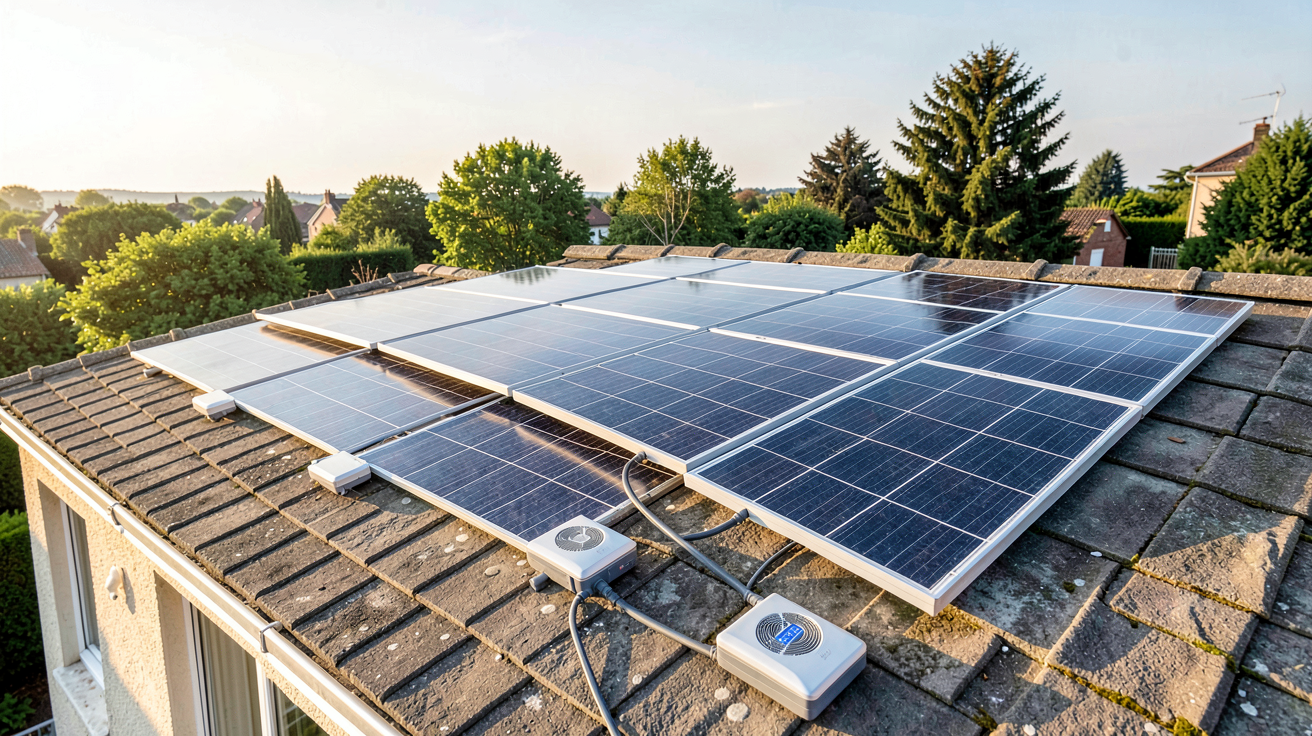 panneau solaire avec micro onduleur faisant partie d'un kit solaire clé en main installé sur un toit de maison