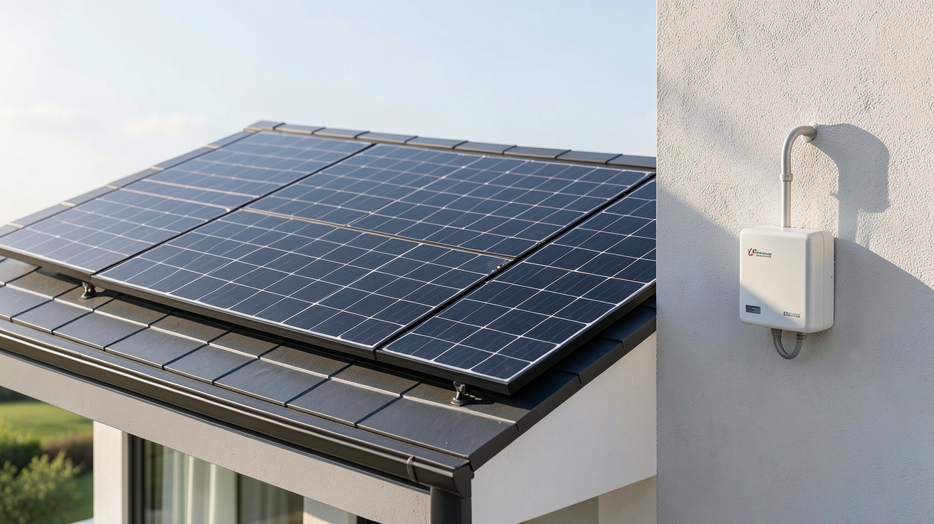 panneau solaire avec onduleur installé sur le toit d'une maison moderne