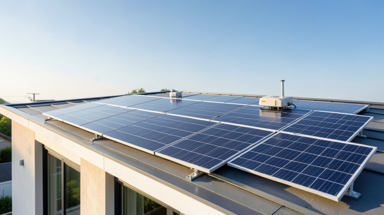 panneau solaire avec onduleur installé sur le toit d'une maison moderne