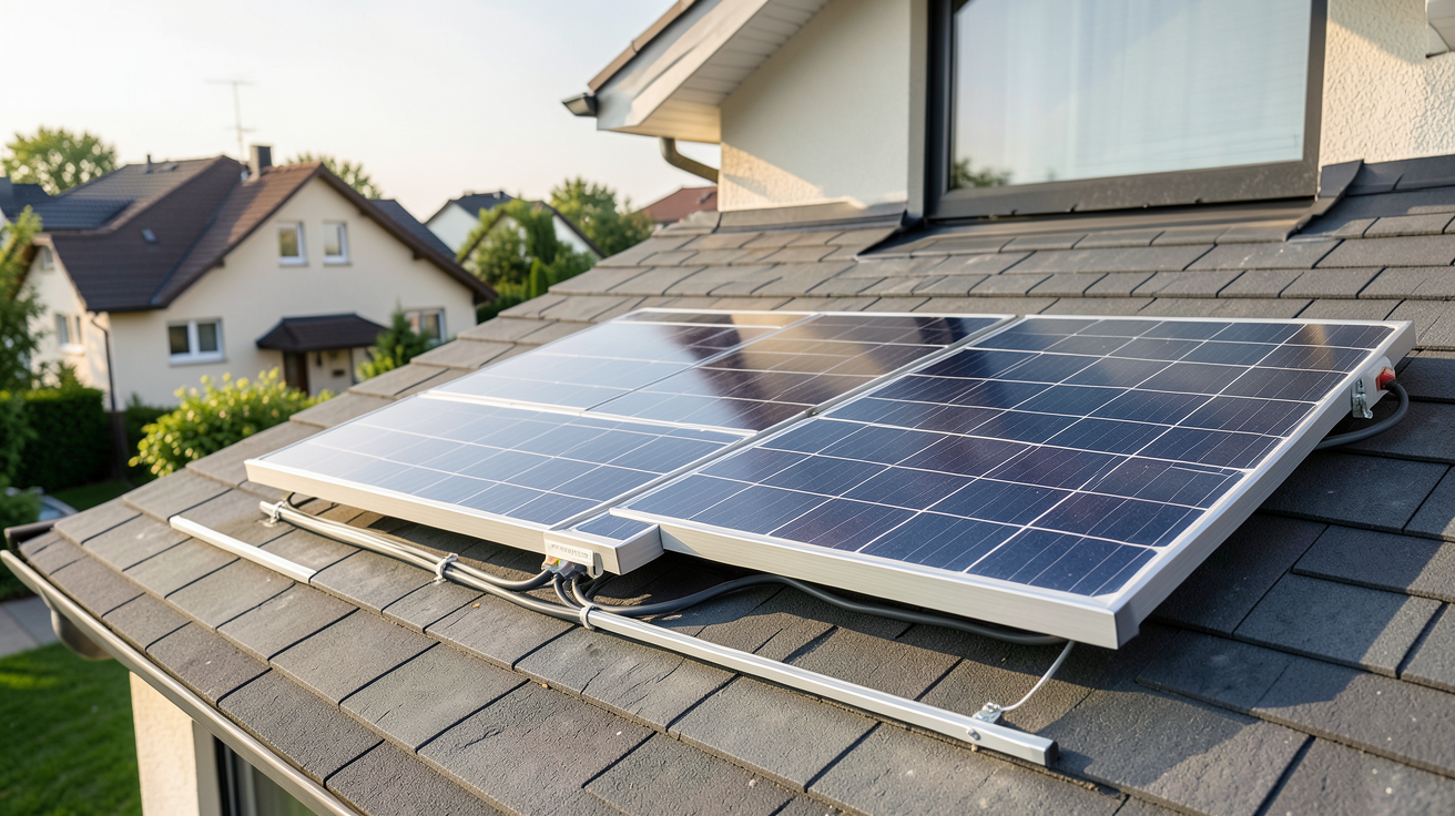 panneau solaire avec onduleur installé sur le toit d'une maison résidentielle