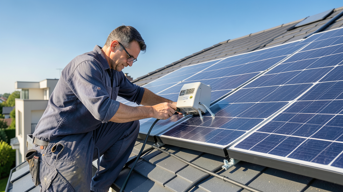 panneau solaire avec onduleur intégré lors des étapes d'installation sur un toit résidentiel avant raccordement au réseau