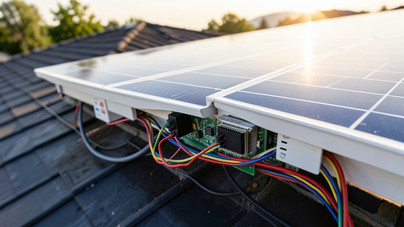 panneau solaire avec onduleur intégré montrant les composants électroniques visibles sous le panneau photovoltaïque