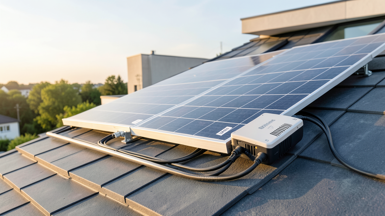 panneau solaire avec onduleur intégré faisant partie d'un kit solaire connecté installé sur un toit de maison