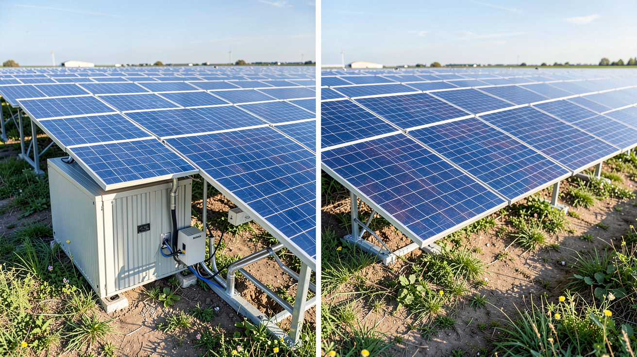 panneau solaire avec ou sans batterie montrant le fonctionnement d’une installation photovoltaïque avec panneaux reliés à une batterie et sans batterie, sous lumière naturelle