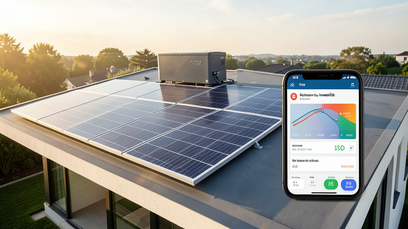 panneau solaire avec stockage d'énergie installé sur un toit de maison moderne, accompagné d'un calculateur affichant le retour sur investissement (ROI)