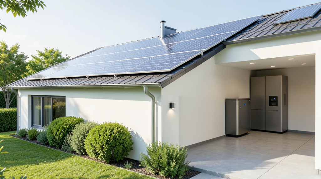 panneau solaire avec stockage installé sur le toit d'une maison moderne avec batterie domestique