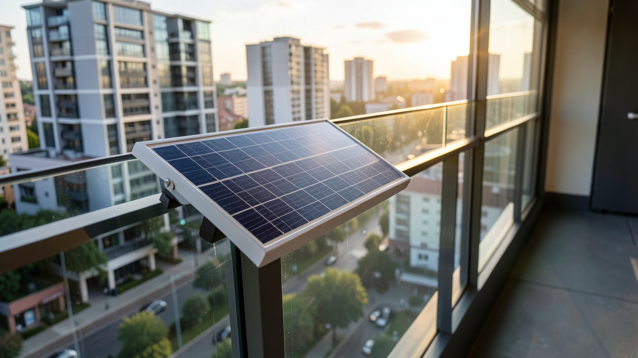 panneau solaire balcon appartement installé sur un garde-corps avec une vue urbaine