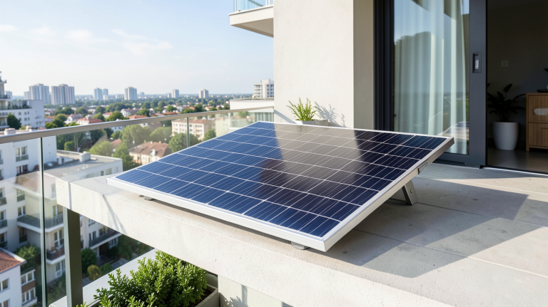 panneau solaire balcon appartement installé sur le balcon d'un appartement moderne, capturé en pleine lumière naturelle avec des détails nets