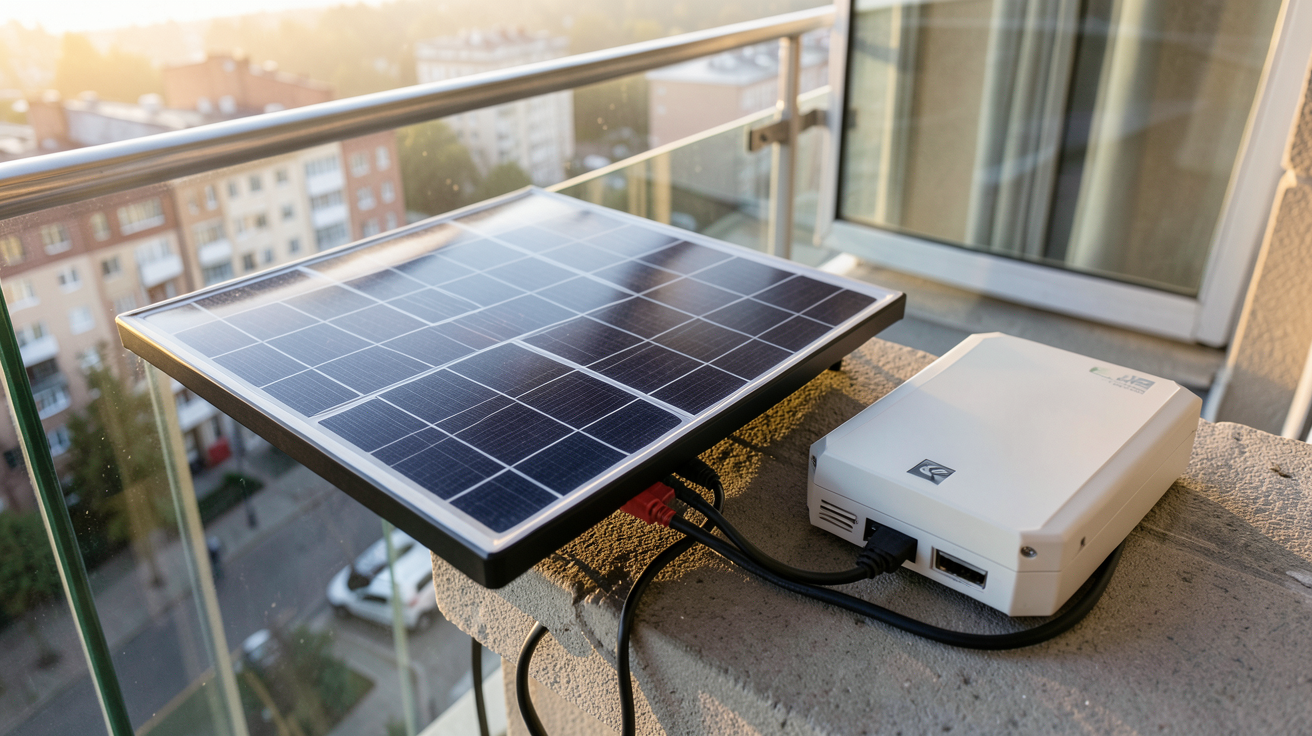 panneau solaire balcon avec batterie externe installée sur un rebord de fenêtre