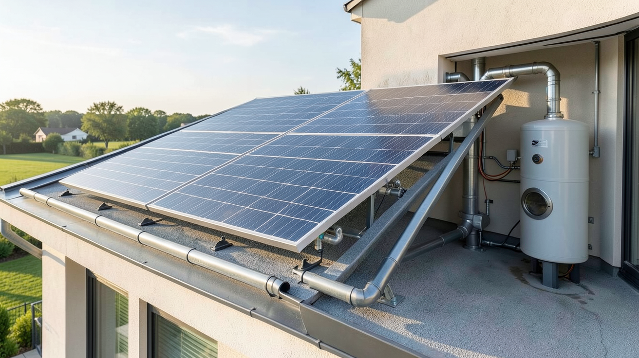 panneau solaire thermique sur toit de maison avec ballon d'eau chaude intégré