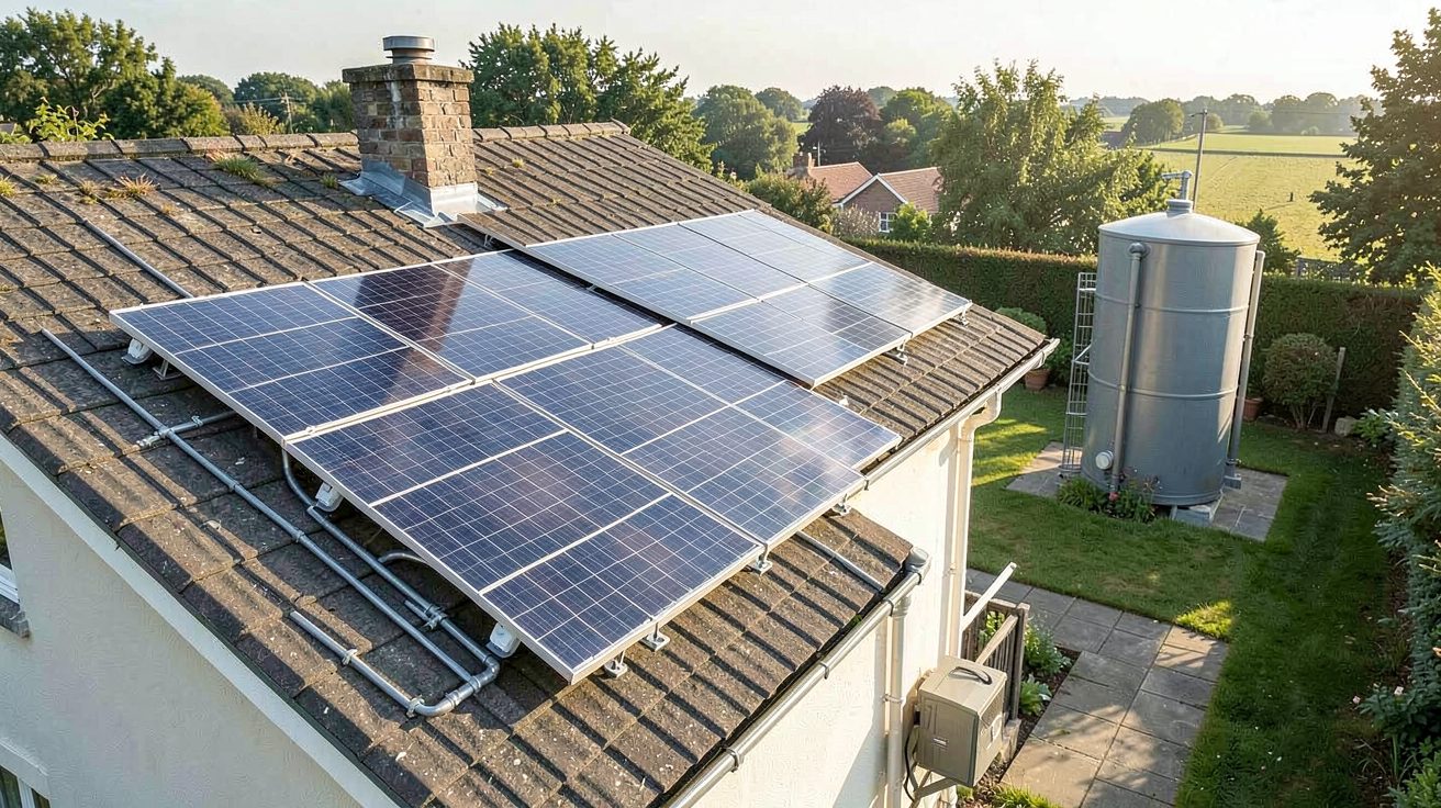 panneau solaire ballon eau chaude installation sur toit de maison avec ballon visible dans le jardin