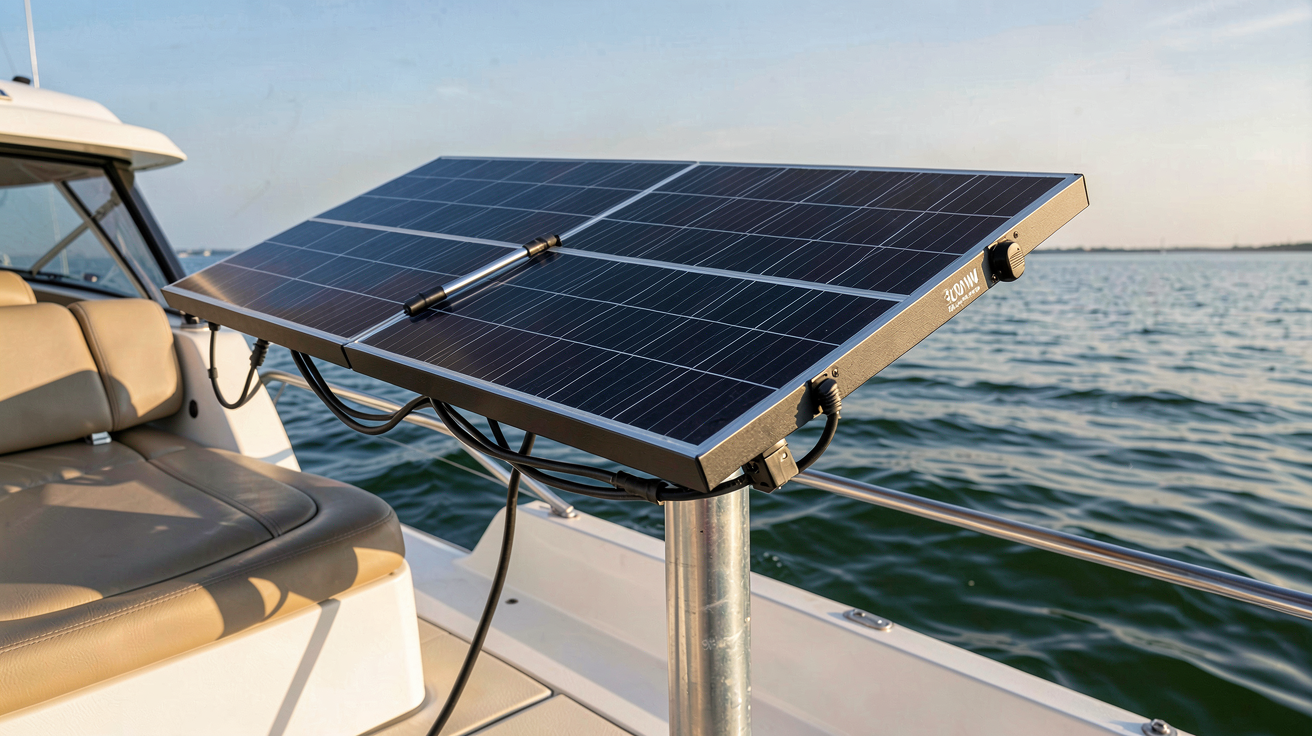 panneau solaire bateau 300 watts installé sur le portique d'un bateau de plaisance
