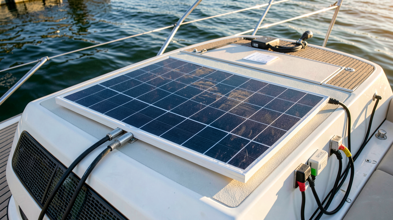 panneau solaire bateau 300 watts installé sur le pont d'un bateau de plaisance avec régulateur de charge