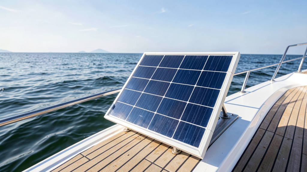 panneau solaire bateau 300 watts installé sur le pont d'un bateau de plaisance sous une lumière naturelle éclatante