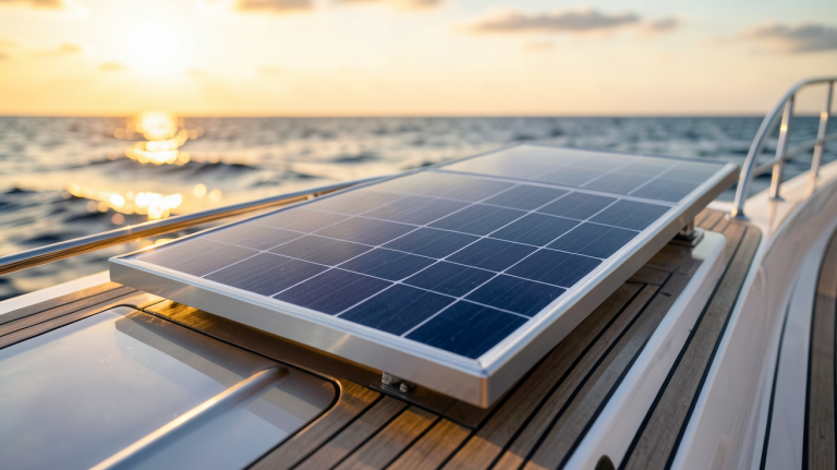 panneau solaire bateau installé sur le pont d'un yacht de luxe