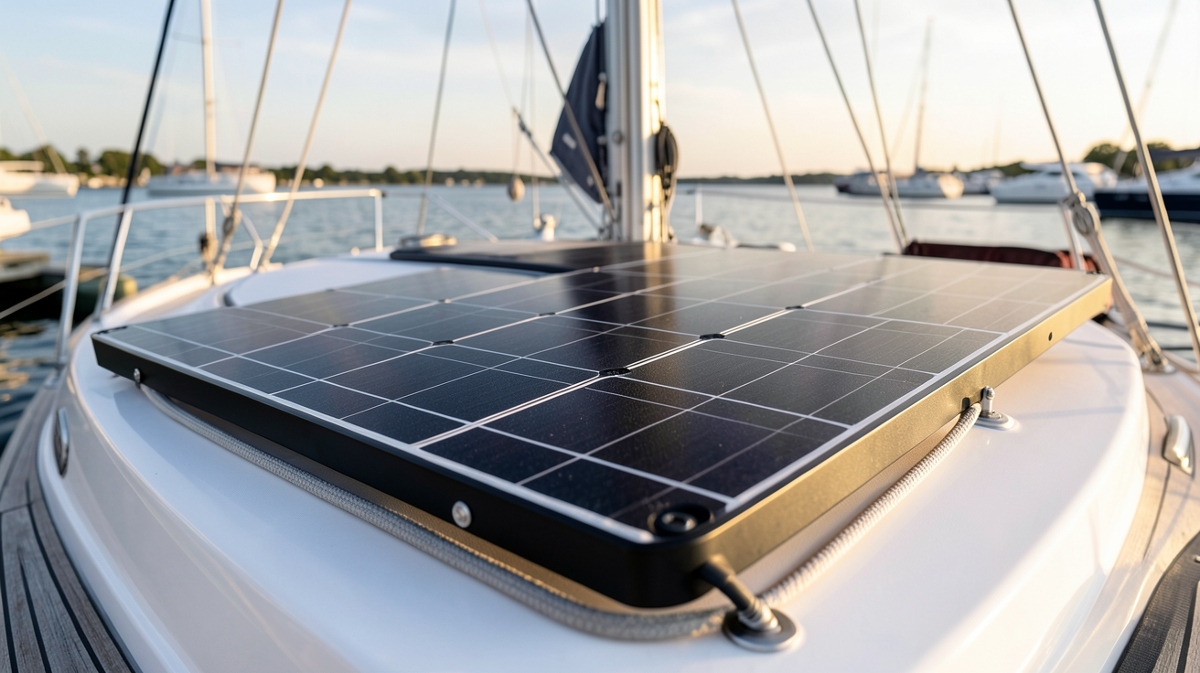 panneau solaire bateau installé sur le pont d'un bateau de plaisance avec vue sur la mer