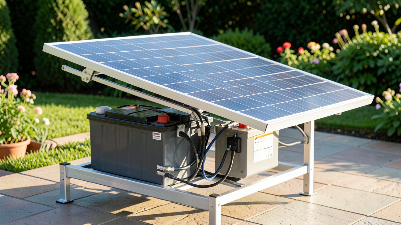 panneau solaire avec batterie 12v installé sur un support en aluminium avec câbles connectés