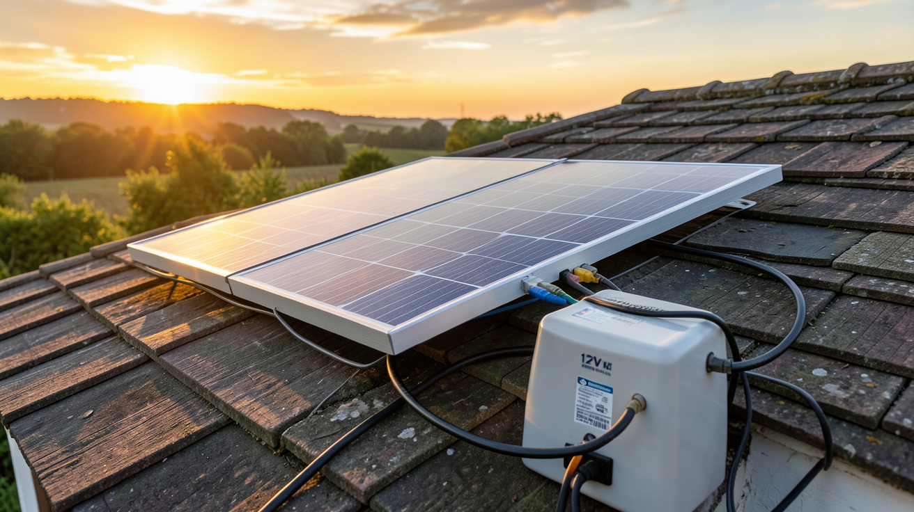 panneau solaire batterie 12v installation sur toit de maison rurale avec lumière naturelle