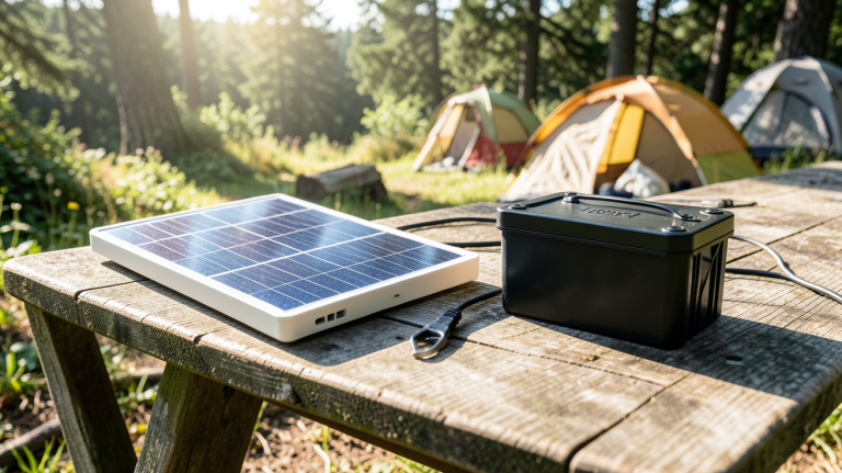 panneau solaire batterie 12v installé pour une utilisation autonome en extérieur