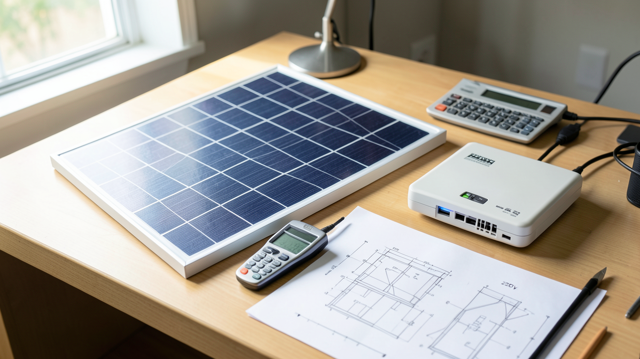 panneau solaire batterie 220v avec onduleur et batteries pour le calcul de dimensionnement.