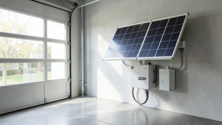 panneau solaire batterie 220v installée dans un garage moderne avec câbles et connecteurs visibles