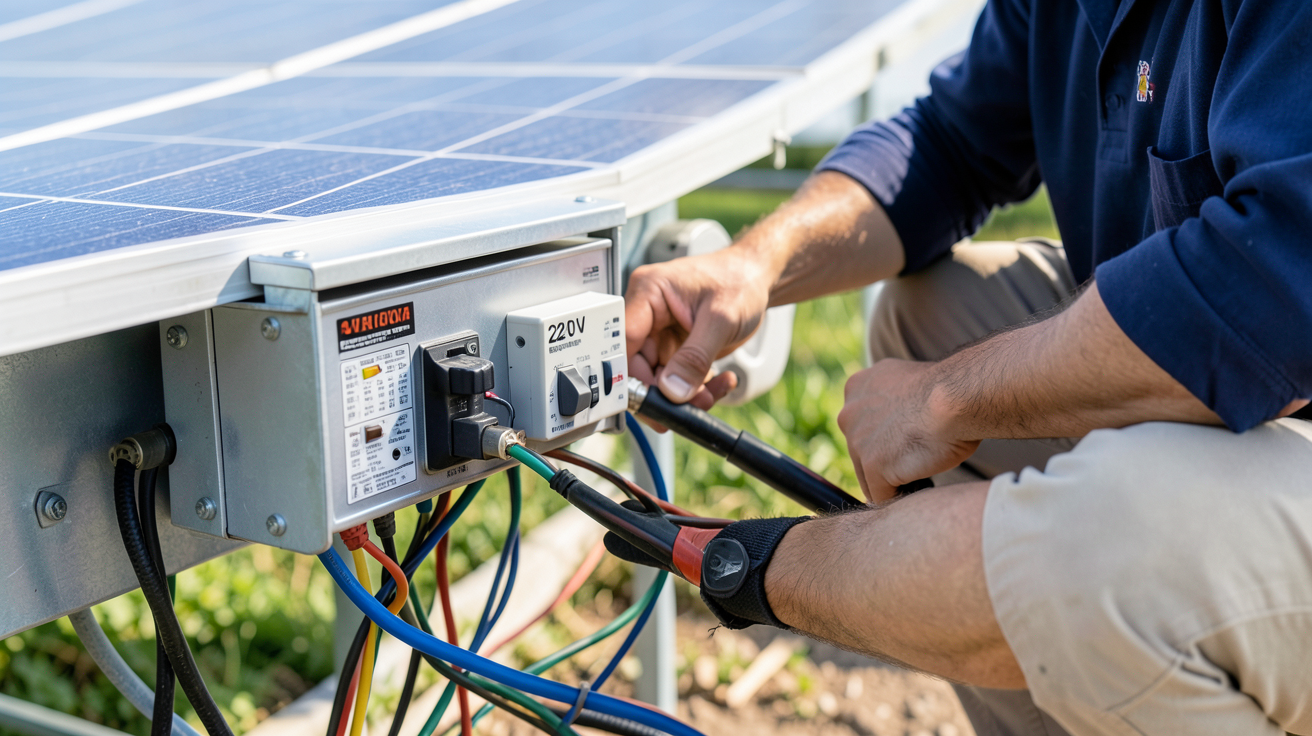 panneau solaire batterie 220v en cours d'installation et de mise en service par un expert