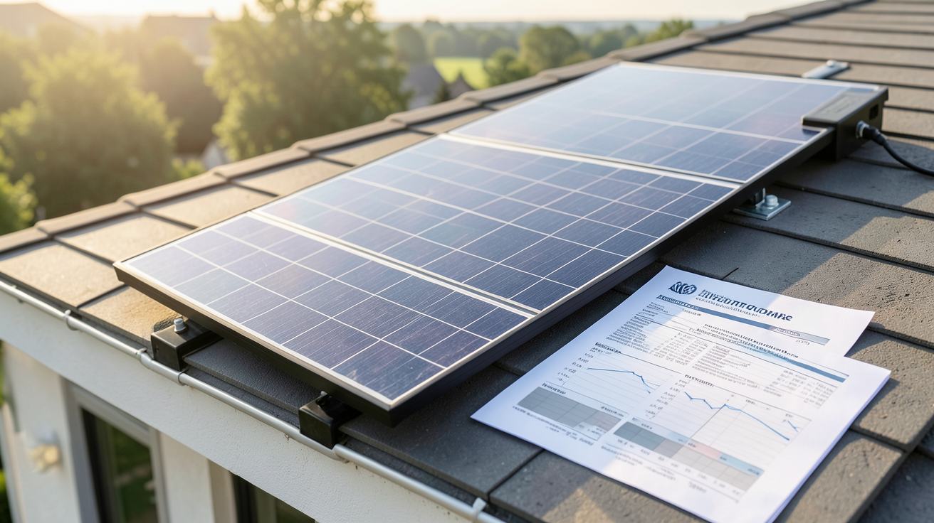 panneau solaire avec batterie autonome installé sur un toit avec documents financiers et calculs de rentabilité