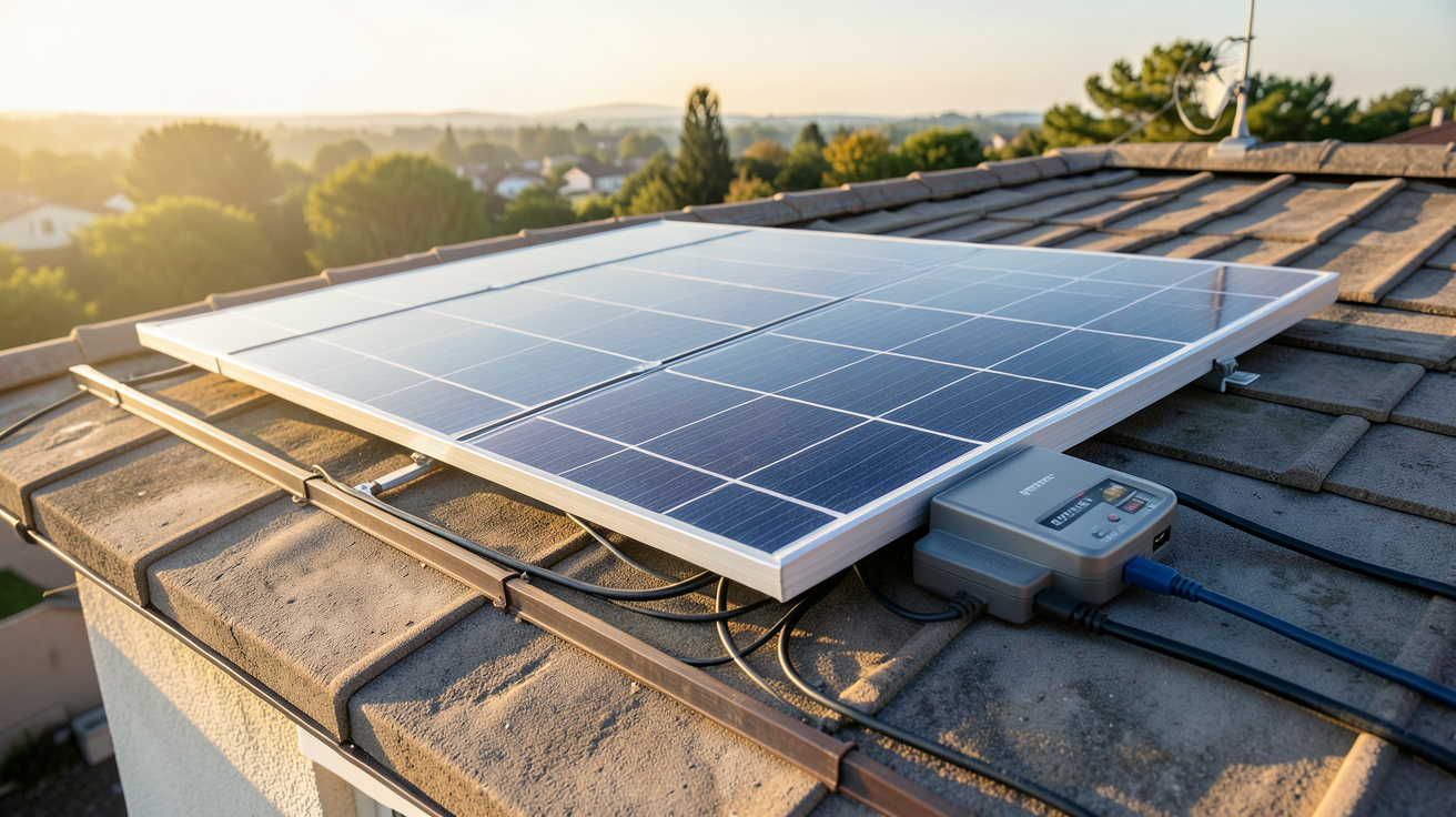 panneau solaire avec batterie autonome : kit solaire complet installé sur un toit de maison avec batterie de stockage et onduleur