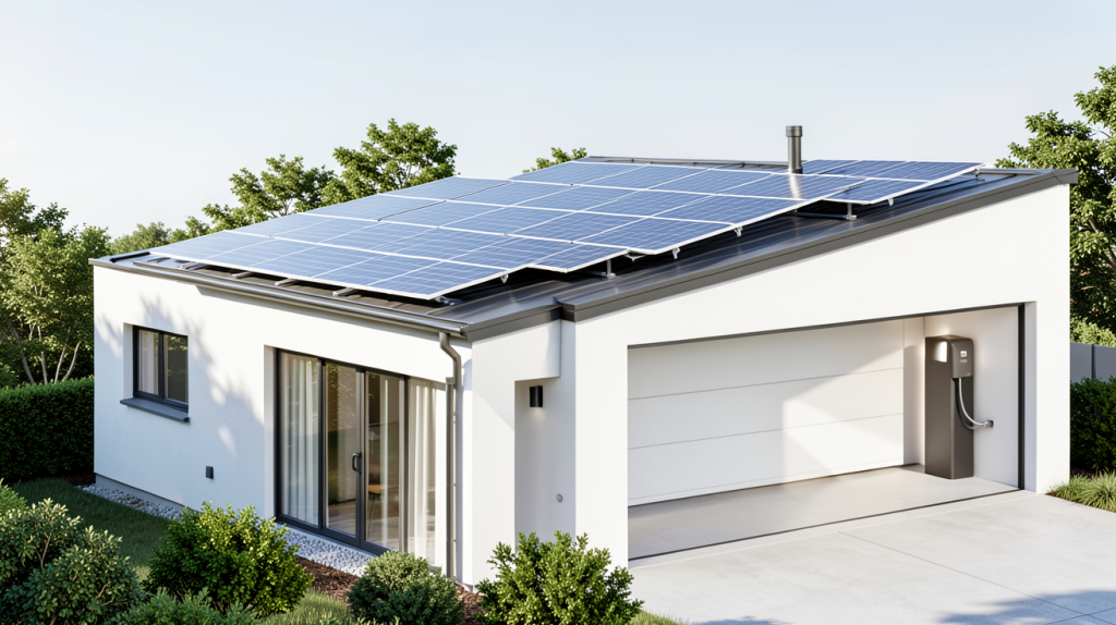 panneau solaire batterie de stockage installé sur une résidence moderne pour l'autonomie énergétique