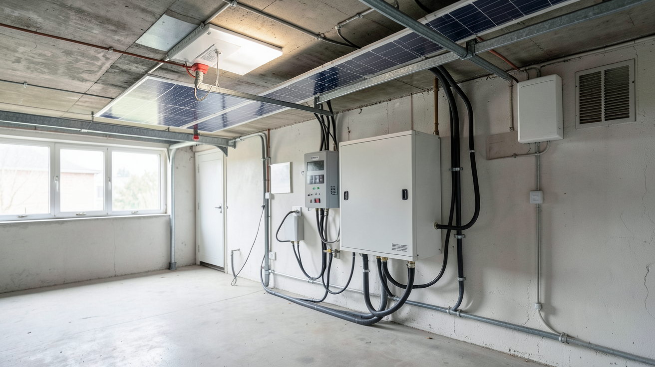 panneau solaire batterie domestique installée dans un garage technique avec connexion visible aux panneaux solaires