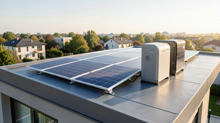 panneau solaire batterie domestique installés sur le toit d'une maison moderne