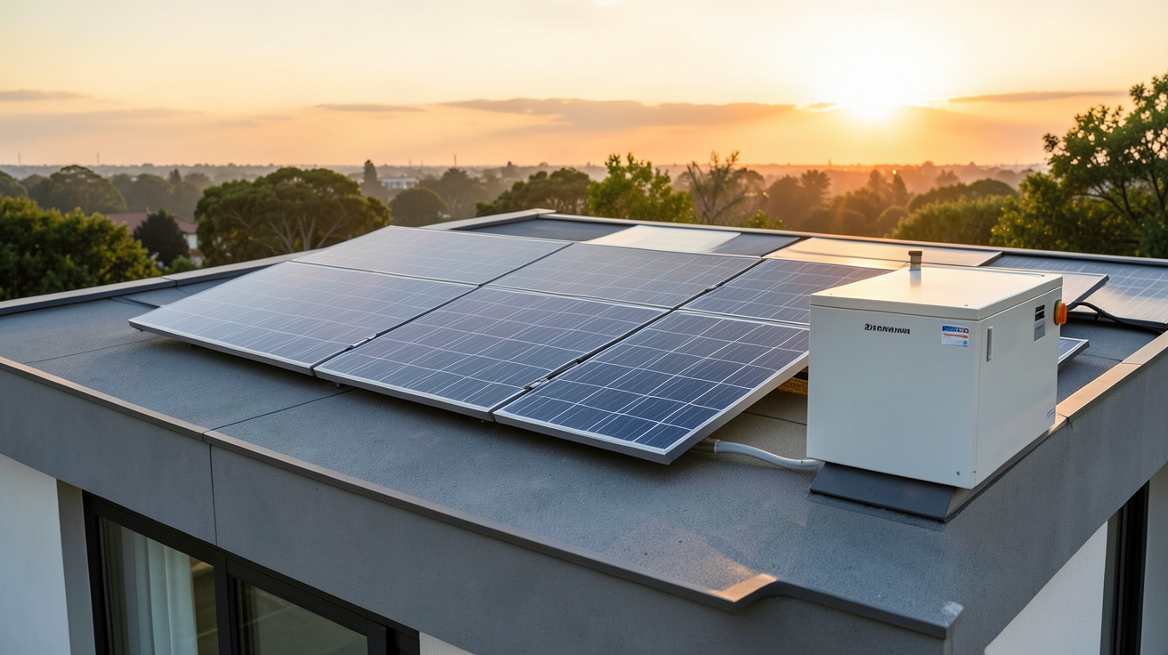 panneau solaire et batterie domestique installés sur le toit d'une maison moderne