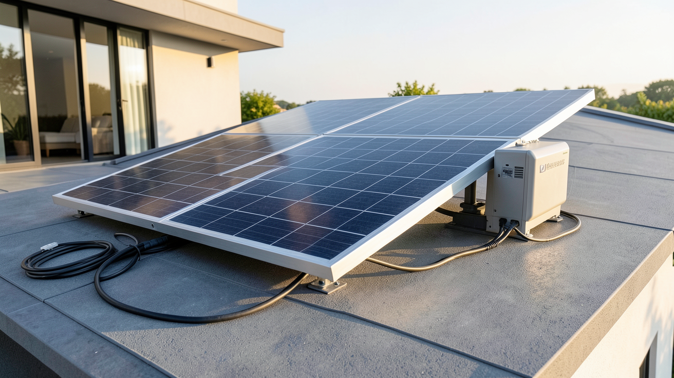 panneau solaire batterie domestique : système photovoltaïque avec batterie de stockage installé sur un toit