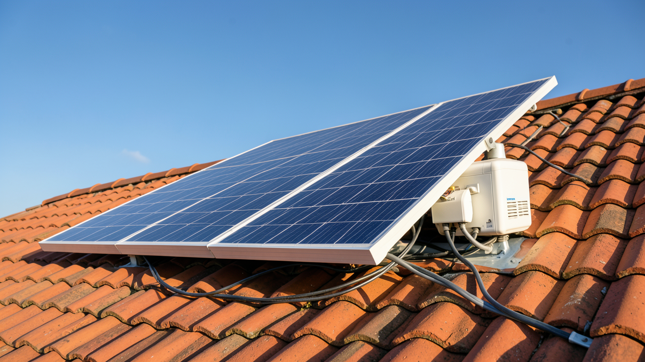 panneau solaire avec batterie intégrée d'un kit hybride installé sur un toit de maison