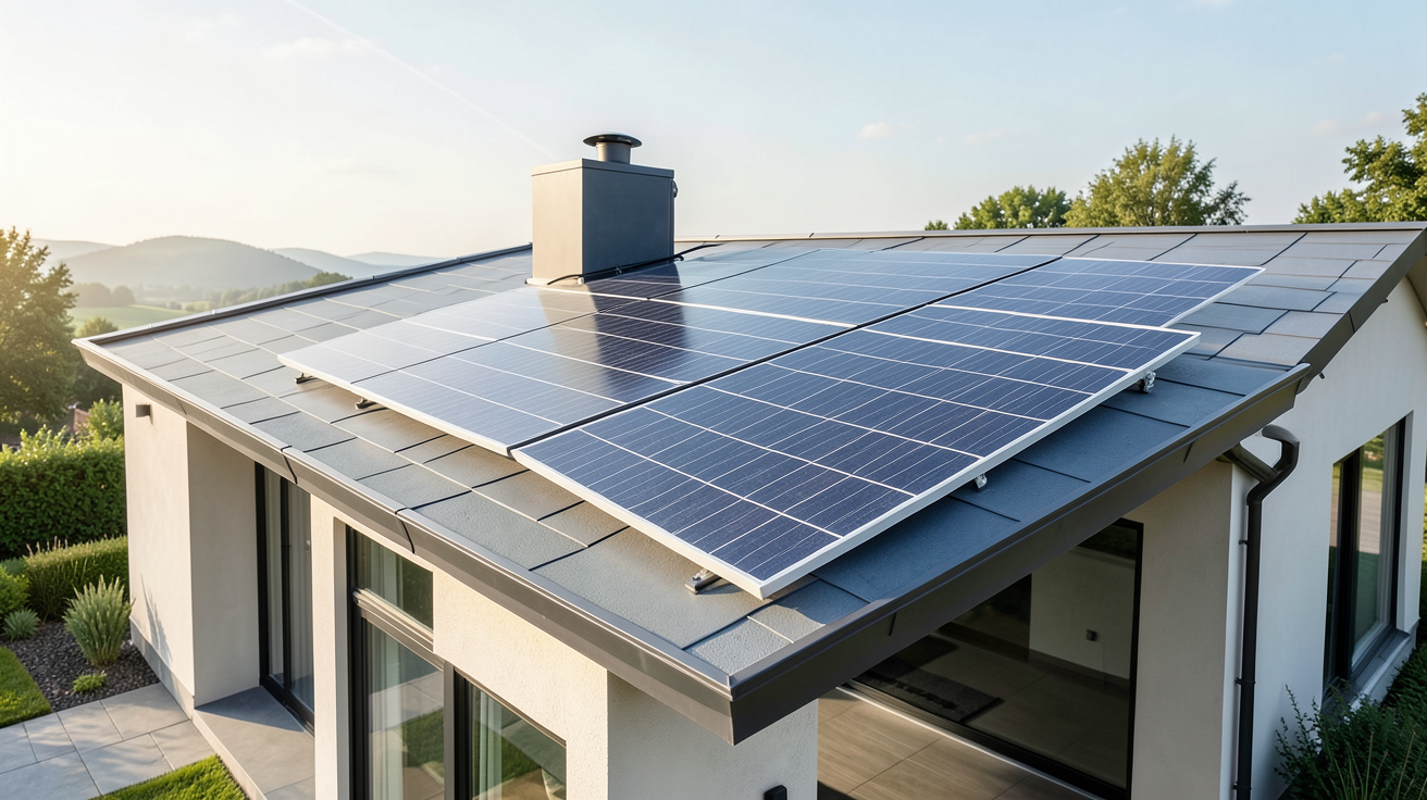 panneau solaire avec batterie intégrée installé sur le toit d'une maison moderne