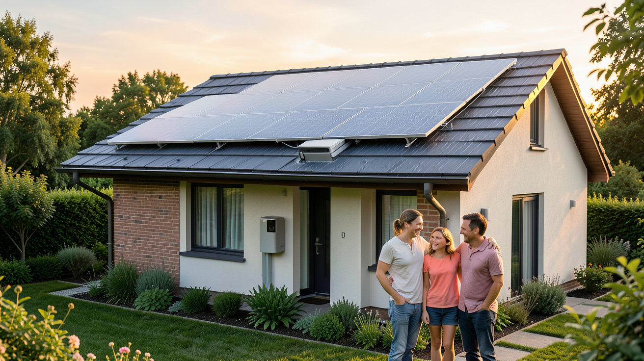 panneau solaire avec batterie intégrée installé sur une maison moderne avec une famille dans le jardin
