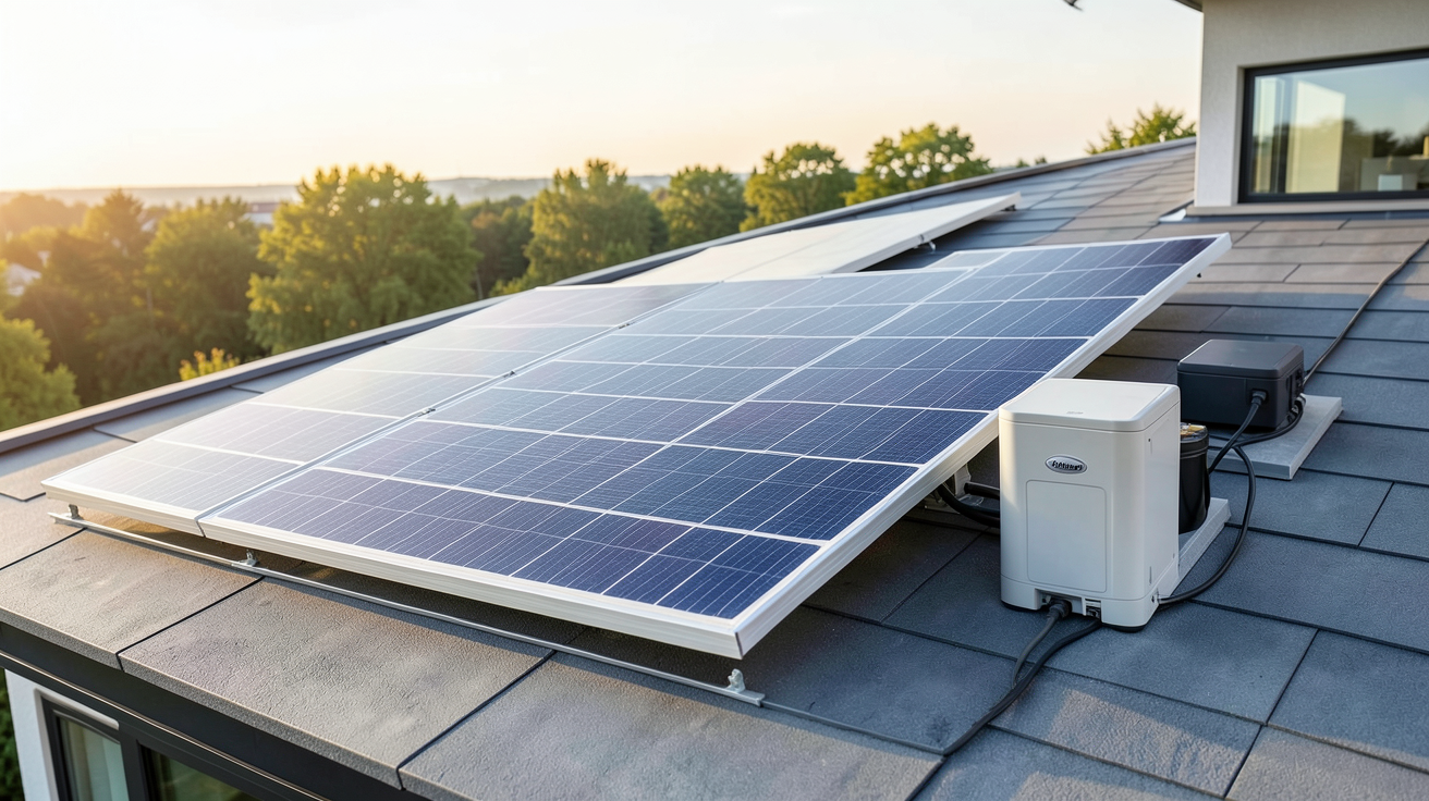 panneau solaire batterie d'un kit solaire complet installé sur un toit de maison moderne