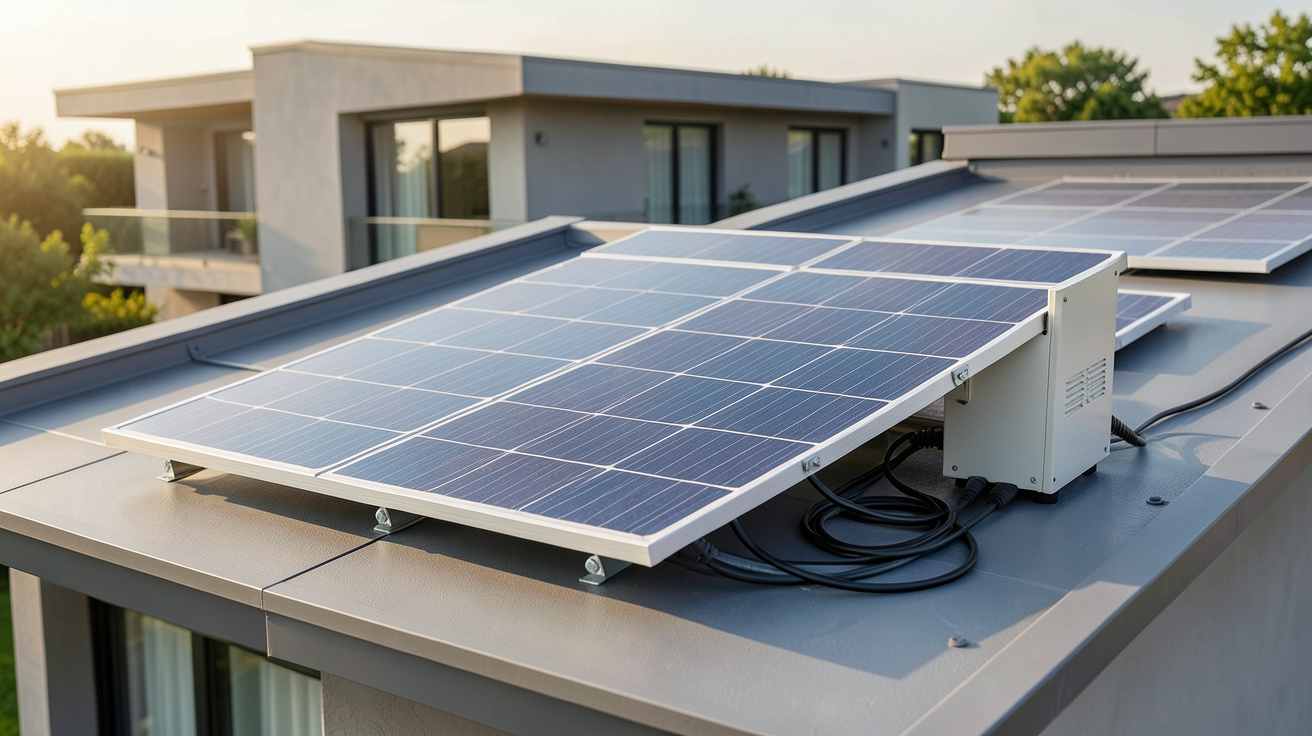 panneau solaire batterie d'un kit solaire avec batterie installé sur un toit de maison moderne