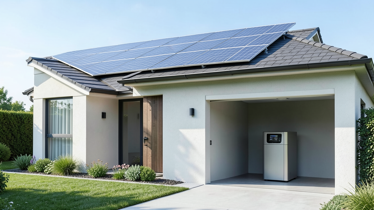 panneau solaire batterie lithium installé sur le toit d'une maison et dans un garage pour une utilisation domestique