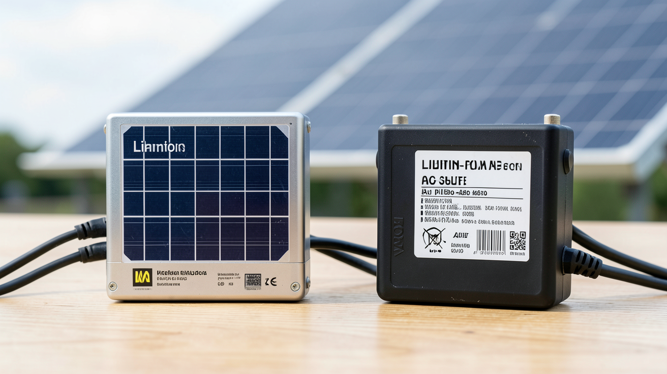 panneau solaire batterie comparaison lithium vs plomb sur surface en bois avec éclairage naturel