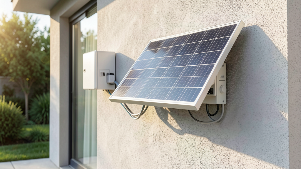 panneau solaire batterie maison installé sur un mur extérieur d'une maison moderne avec une batterie domestique connectée