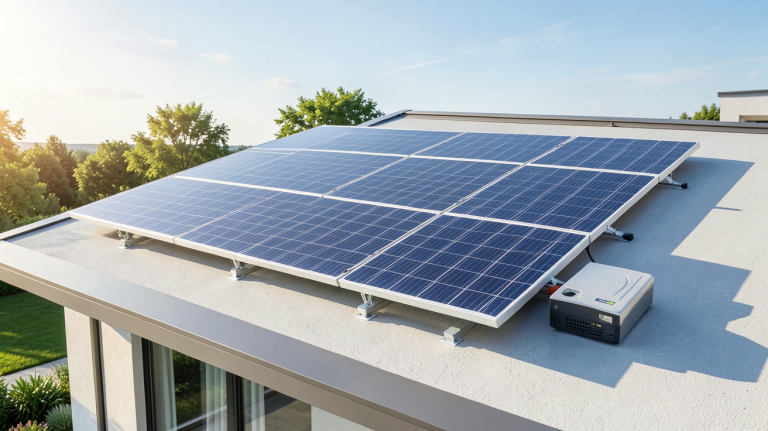 panneau solaire batterie onduleur installé sur le toit d'une maison contemporaine avec ciel dégagé
