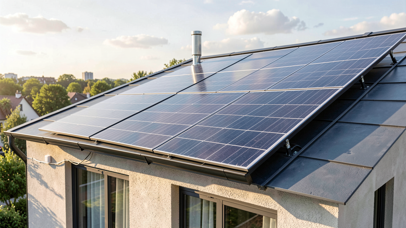 panneau solaire avec batterie virtuelle installé sur le toit d'une maison moderne illustrant son fonctionnement