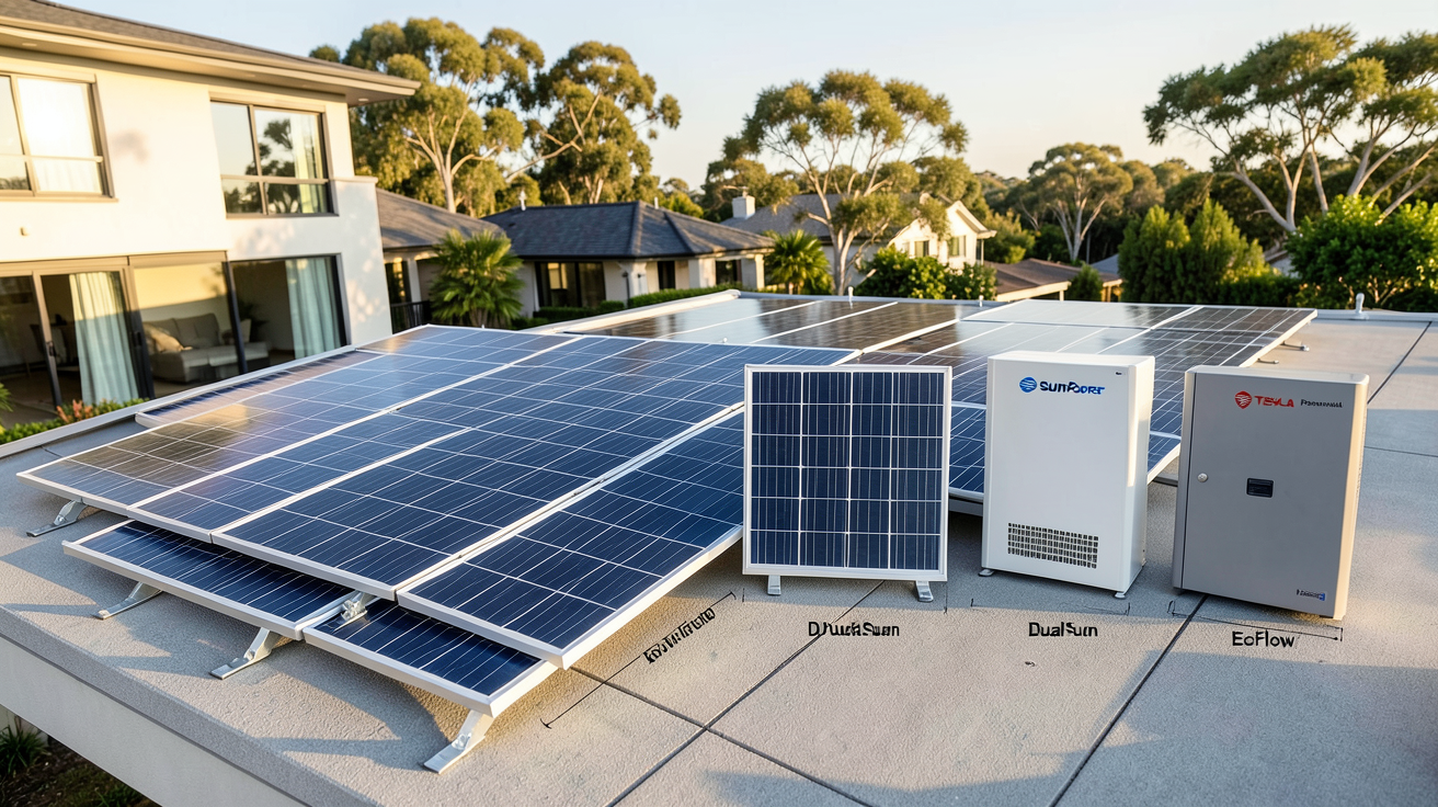 panneau solaire Beem comparé à des panneaux SunPower, DualSun, EcoFlow et Tesla Powerwall sur un toit de maison moderne