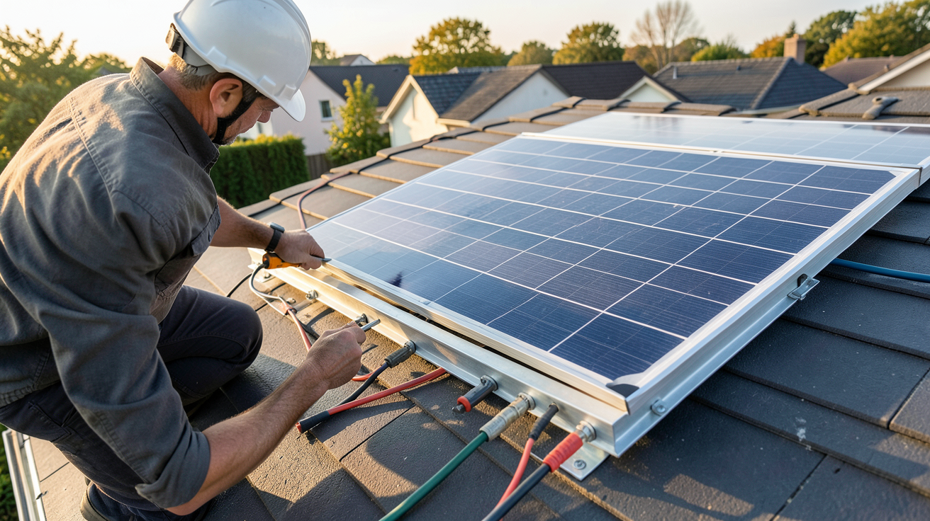 panneau solaire Beem en cours d'installation sur un toit résidentiel avec une personne utilisant des outils pour fixer le support métallique