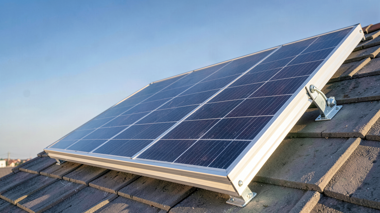 panneau solaire bi-verre posé sur un toit incliné avec des cellules photovoltaïques visibles à travers le verre transparent